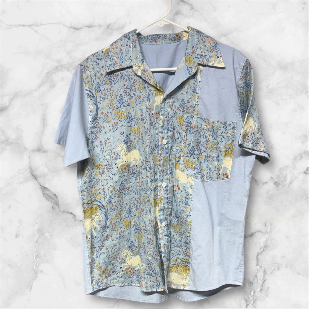 Handmade Floral unicorn print pastel Blue Men's Shirt button down medium